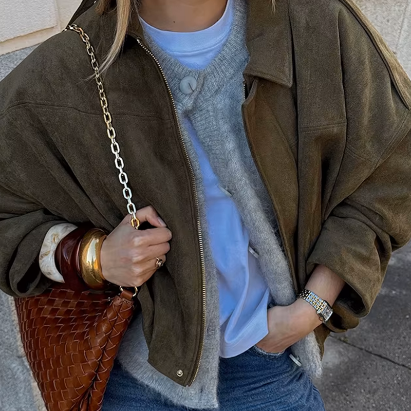 Suede Jacket | Oversized damesjas van suède met vintage look en gestructureerde schouders