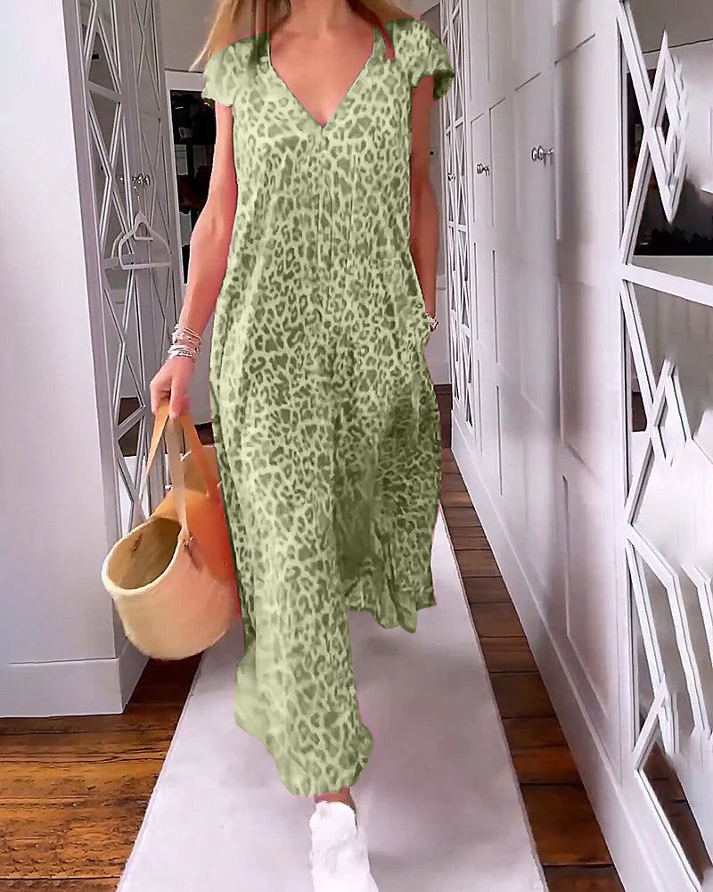 Kerstin | Maxi Jurk voor Dames - V-Ausschnitt, Leopardenprint en Gemakkelijk Pasvorm