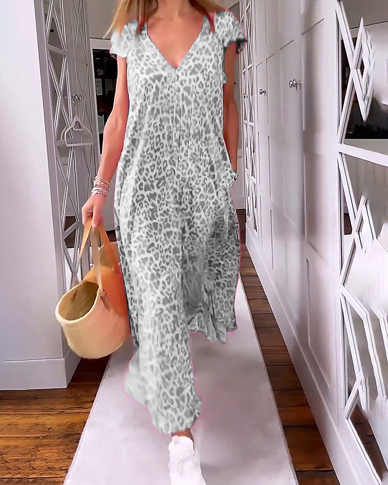 Kerstin | Maxi Jurk voor Dames - V-Ausschnitt, Leopardenprint en Gemakkelijk Pasvorm