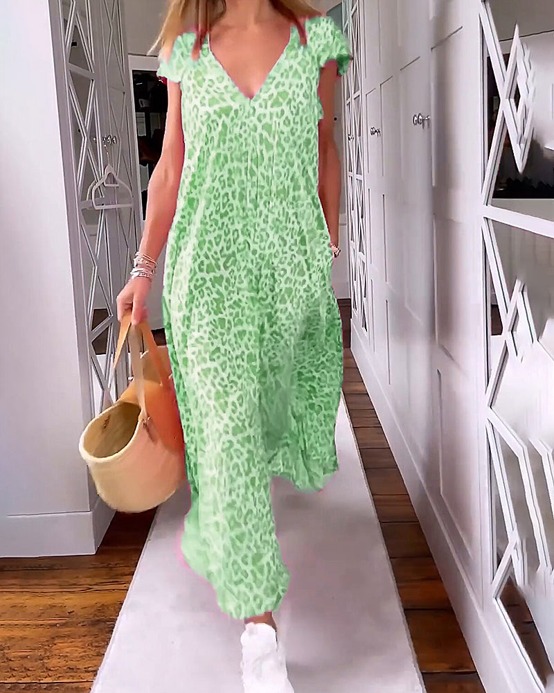 Kerstin | Maxi Jurk voor Dames - V-Ausschnitt, Leopardenprint en Gemakkelijk Pasvorm