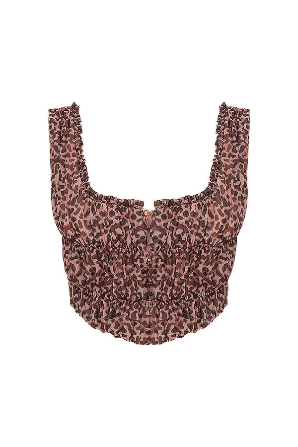 Minne | Dames Mouwloze Top – Luipaardprint, Geplooide Halslijn, Knoopsluiting