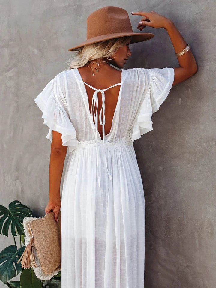 Felicia | Dames Maxi Jurk – Boho Stijl – Flowy Pasvorm – Puff Mouwen – V-Hals – Knoopdetail