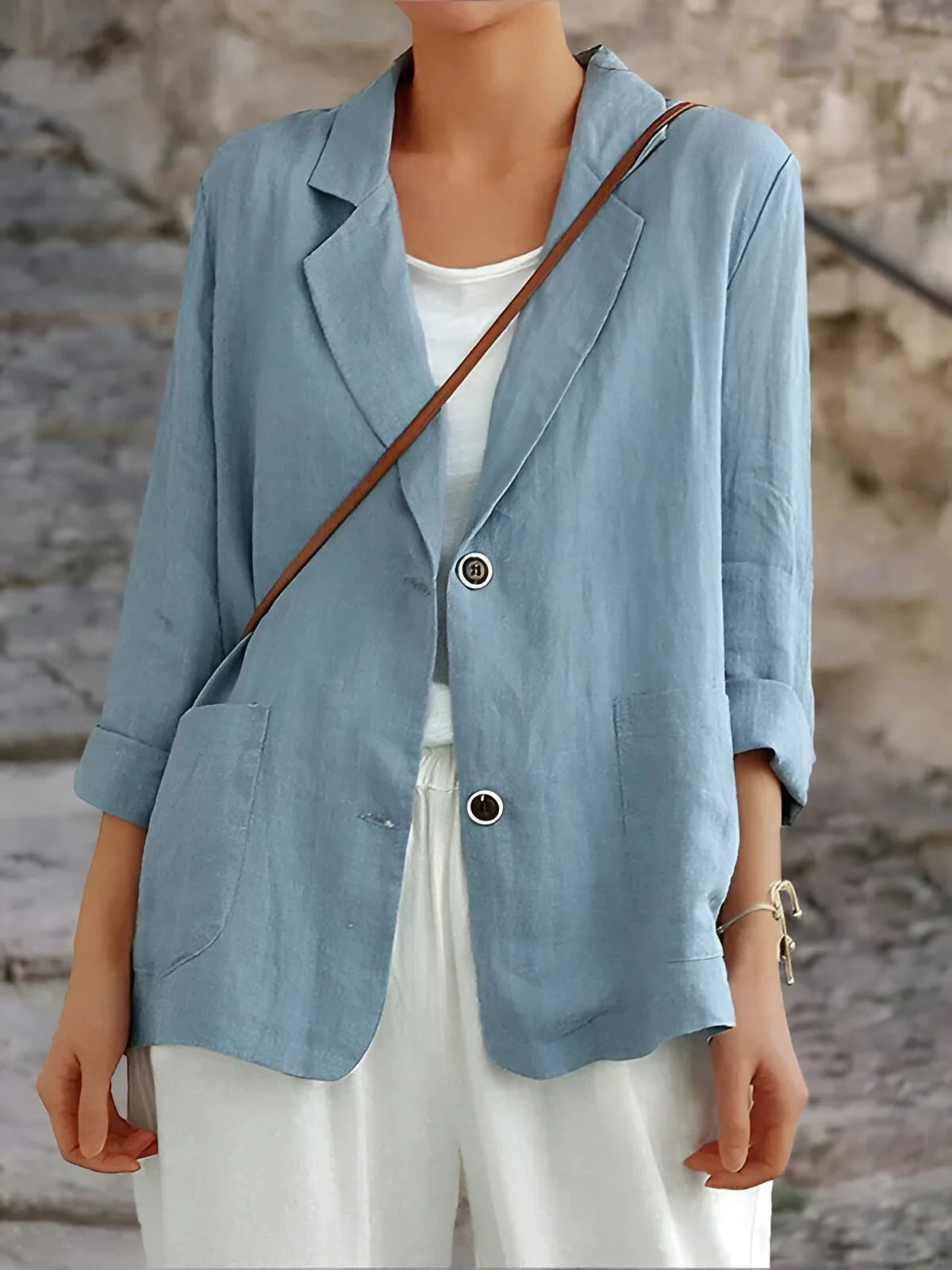 Tilly | Dames Blazer – Relaxed Fit, 3/4 Mouwen, Patchzakken, Natuurlijke Stof