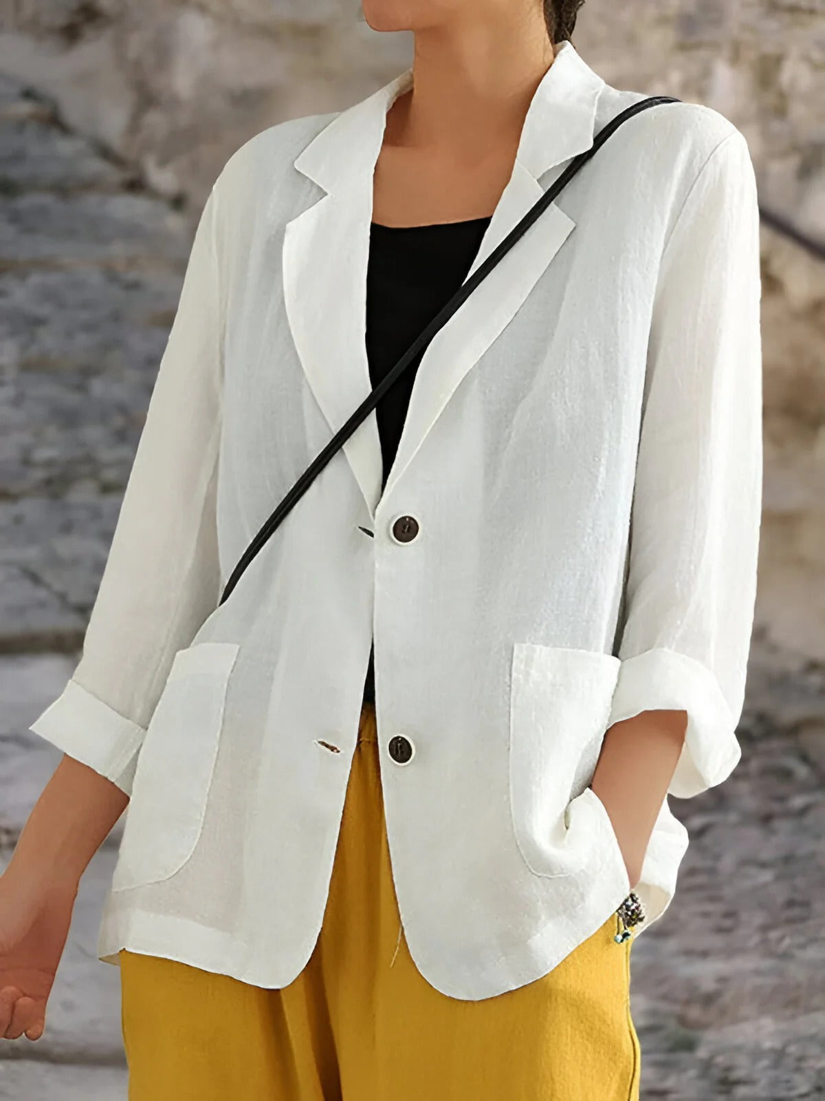 Tilly | Dames Blazer – Relaxed Fit, 3/4 Mouwen, Patchzakken, Natuurlijke Stof