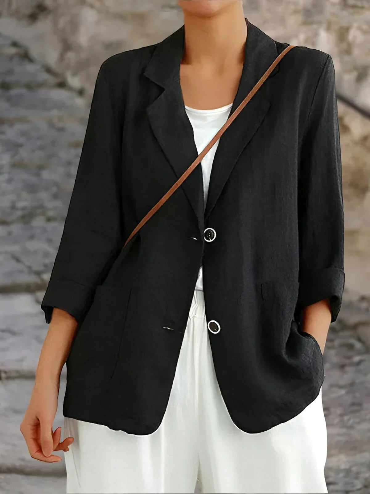Tilly | Dames Blazer – Relaxed Fit, 3/4 Mouwen, Patchzakken, Natuurlijke Stof