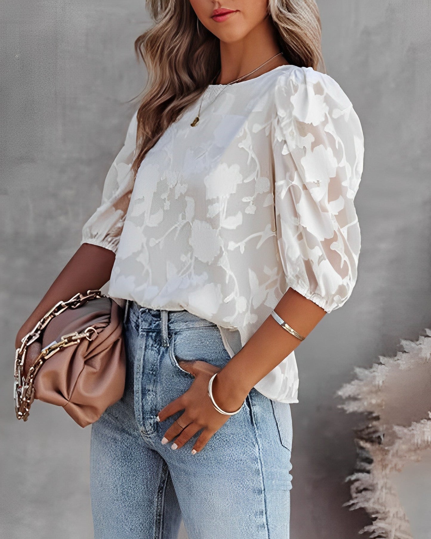 Bloemenprint Blouse | Damesblouse met pofmouwen en romantische print op lichte stof