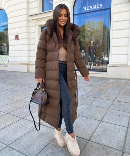 Eleva’s Buff Coat | Dames lange winterjas met capuchon en tijdloze elegantie