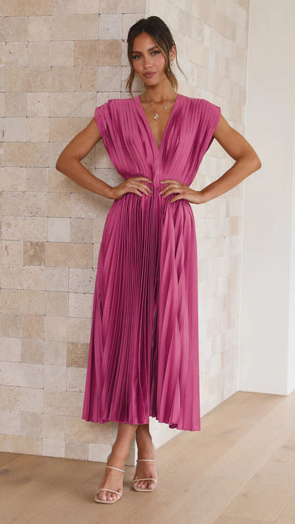 Veda | Dames Midi-jurk met Plissérok – V-hals Jurk voor Elegante en Luchtige Looks