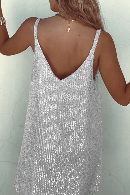 Vitoria | Dames Paillettenjurk met Spaghettibandjes – Sexy Mini Jurk met V-Hals en Glansfinish