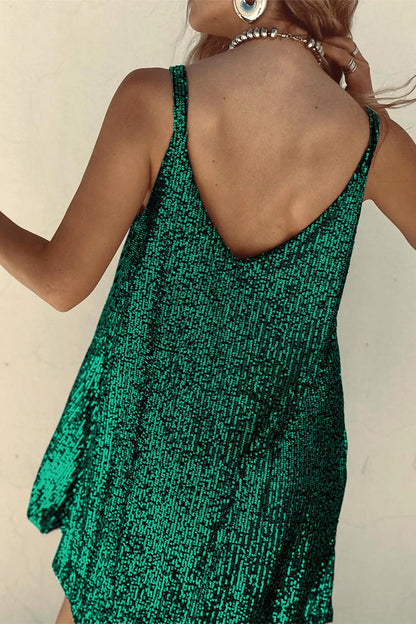 Vitoria | Dames Paillettenjurk met Spaghettibandjes – Sexy Mini Jurk met V-Hals en Glansfinish