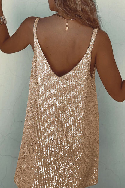 Vitoria | Dames Paillettenjurk met Spaghettibandjes – Sexy Mini Jurk met V-Hals en Glansfinish