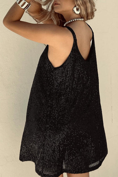 Vitoria | Dames Paillettenjurk met Spaghettibandjes – Sexy Mini Jurk met V-Hals en Glansfinish