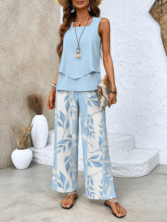 Yori | Dames Tweedelige Set – Luchtige Elegante Zomerset met Gelaagde Top en Wijde Broek