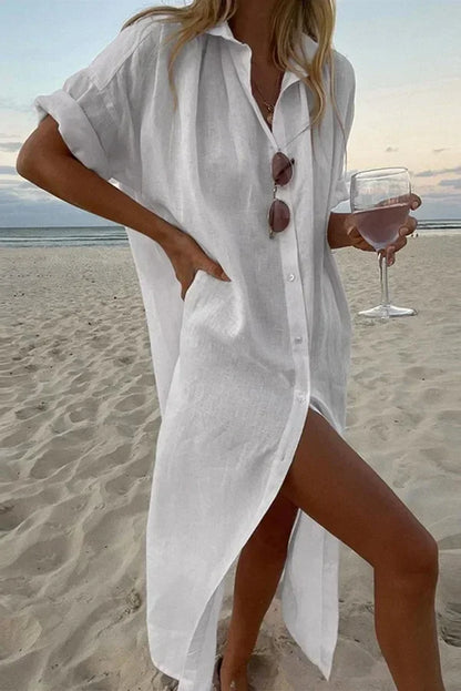 Nelia | Witte Dames Jurk van Katoen-Linnen met Elegante Kraag – Luchtige Stijl voor Lente en Zomer