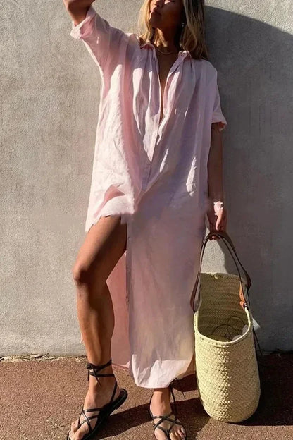 Nelia | Witte Dames Jurk van Katoen-Linnen met Elegante Kraag – Luchtige Stijl voor Lente en Zomer