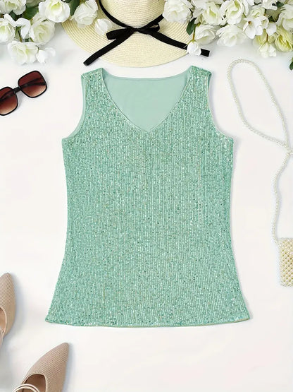 Alyana Top | Dames mouwloze V-hals top met pailletten voor zomer en feestelijke gelegenheden