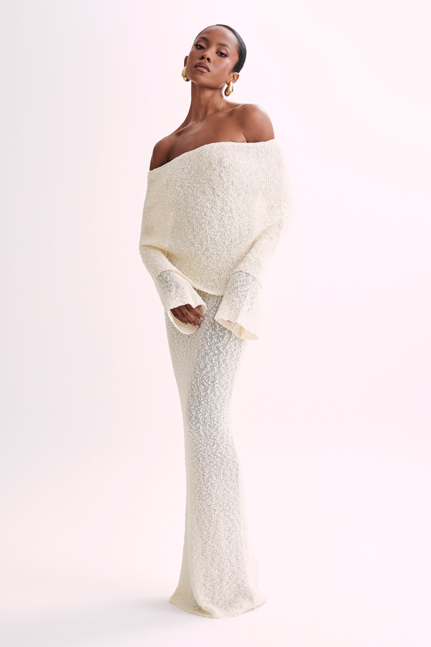 Marissa Off Shoulder Boucle Maxi Dress - Ivory