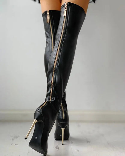 Daniek Overknee Laarzen | Dames Laarzen met Gouden Hak en Ritsdetail