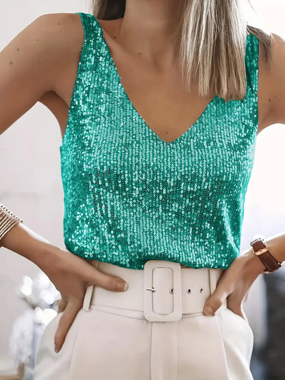 Alyana Top | Dames mouwloze V-hals top met pailletten voor zomer en feestelijke gelegenheden