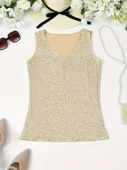Alyana Top | Dames mouwloze V-hals top met pailletten voor zomer en feestelijke gelegenheden
