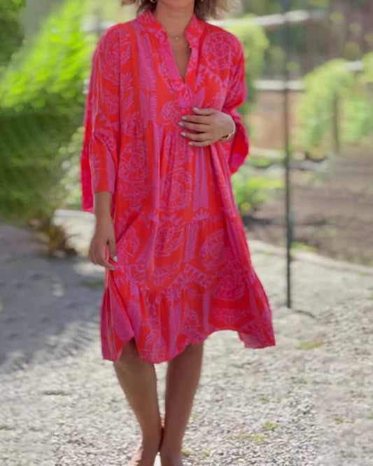 Lieve | Geometrisch Gedrukt Jurk – Vrouwelijk, Casual, Met Flared Mouwen