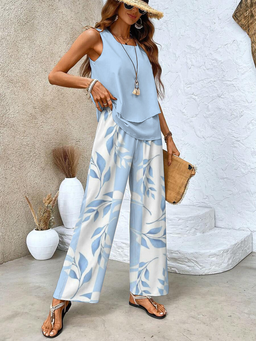 Yori | Dames Tweedelige Set – Luchtige Elegante Zomerset met Gelaagde Top en Wijde Broek