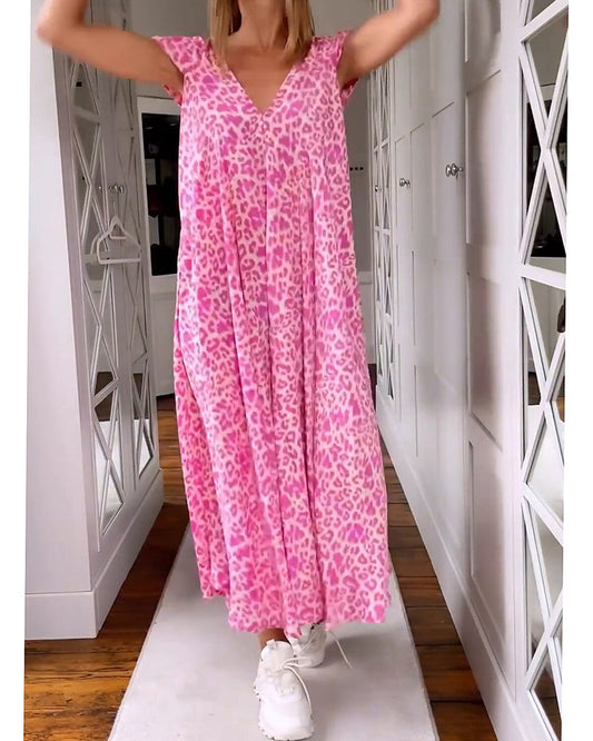 Kerstin | Maxi Jurk voor Dames - V-Ausschnitt, Leopardenprint en Gemakkelijk Pasvorm
