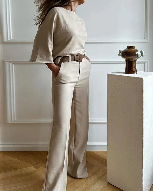 Kimberly Set | Dames 2-delige outfit met hoge taille broek en losvallende top in neutrale kleur