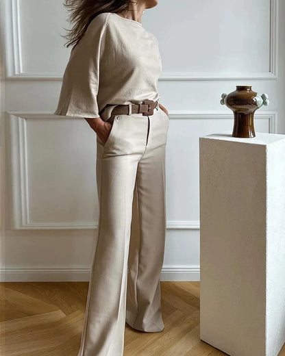 Kimberly Set | Dames 2-delige outfit met hoge taille broek en losvallende top in neutrale kleur