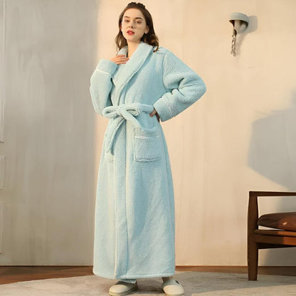 Sherpa Badjas – Koraal Fleece, Stijlvolle Shawl Kraag met Tailleband en Zakken voor Thuisgebruik