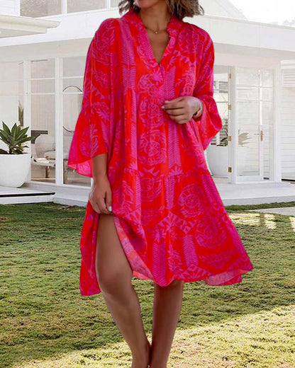 Lieve | Geometrisch Gedrukt Jurk – Vrouwelijk, Casual, Met Flared Mouwen