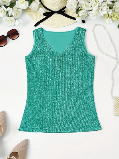 Alyana Top | Dames mouwloze V-hals top met pailletten voor zomer en feestelijke gelegenheden