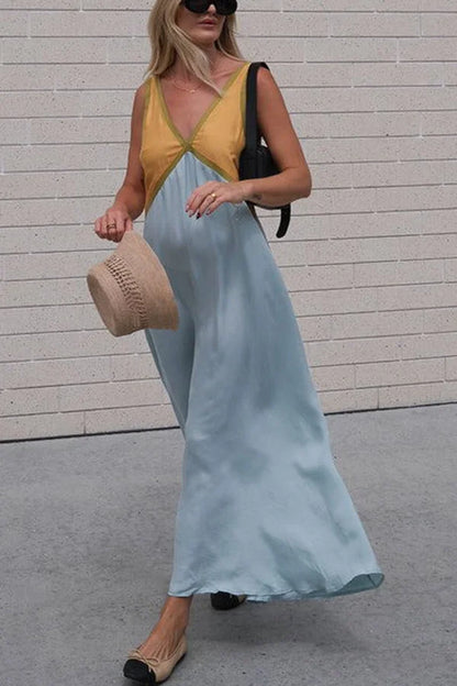 Gaby | Dames maxi-jurk mouwloos met V-hals en satijnlook – luchtige zomerstijl