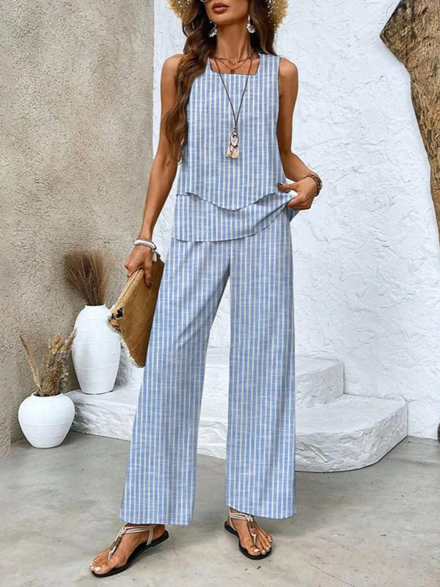 Yori | Dames Tweedelige Set – Luchtige Elegante Zomerset met Gelaagde Top en Wijde Broek