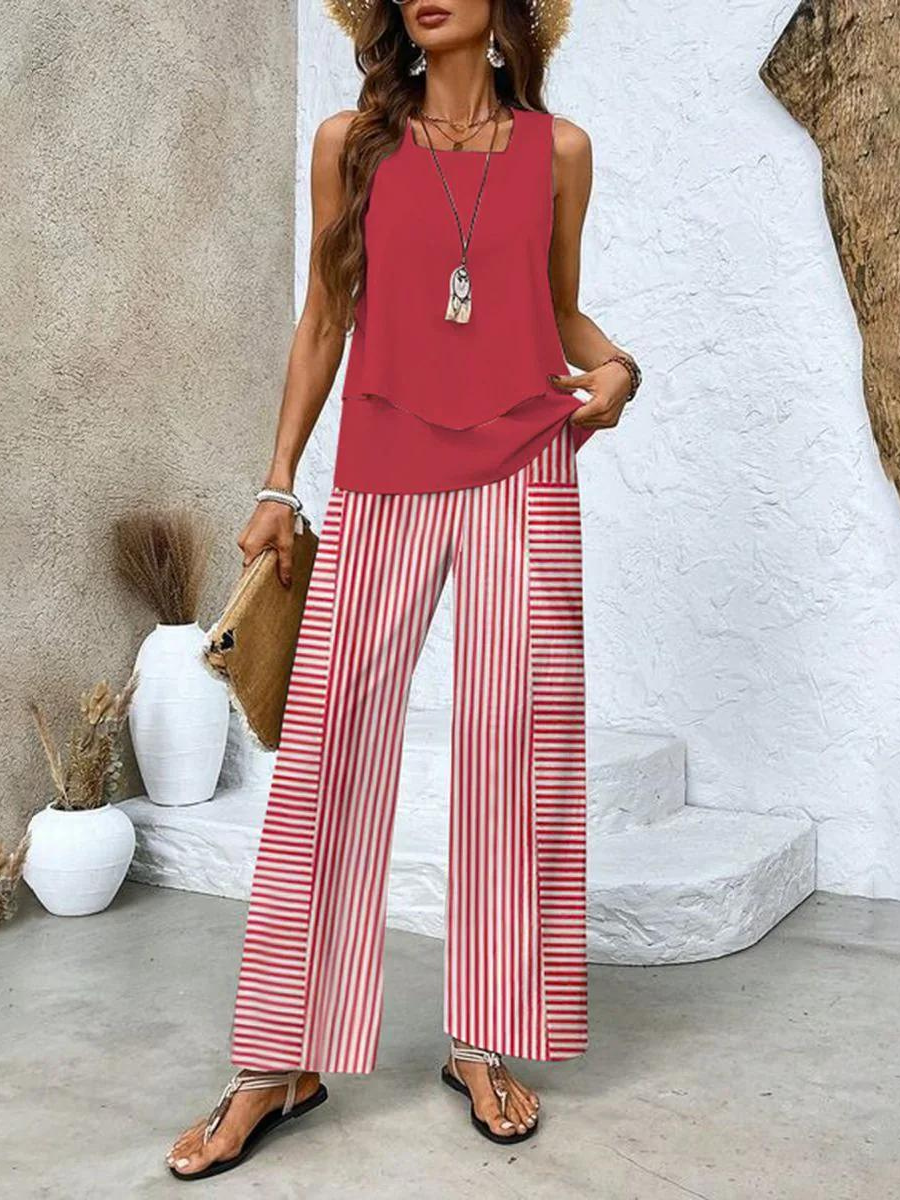 Yori | Dames Tweedelige Set – Luchtige Elegante Zomerset met Gelaagde Top en Wijde Broek
