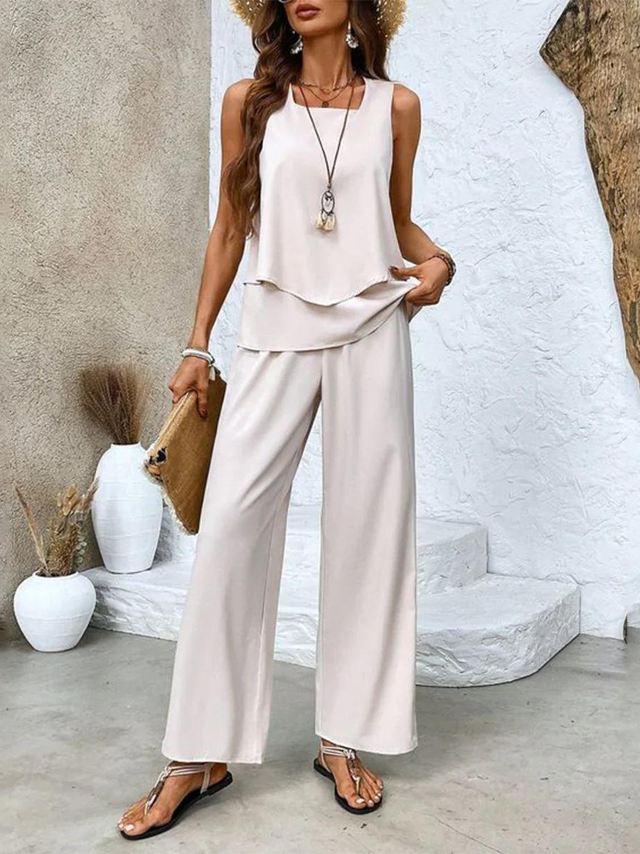 Yori | Dames Tweedelige Set – Luchtige Elegante Zomerset met Gelaagde Top en Wijde Broek
