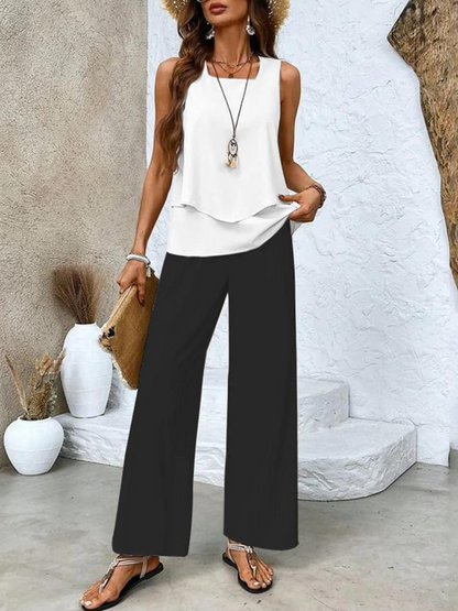Yori | Dames Tweedelige Set – Luchtige Elegante Zomerset met Gelaagde Top en Wijde Broek