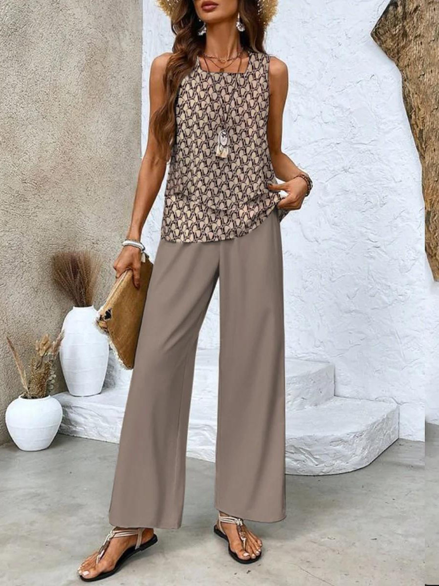 Yori | Dames Tweedelige Set – Luchtige Elegante Zomerset met Gelaagde Top en Wijde Broek