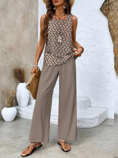 Yori | Dames Tweedelige Set – Luchtige Elegante Zomerset met Gelaagde Top en Wijde Broek