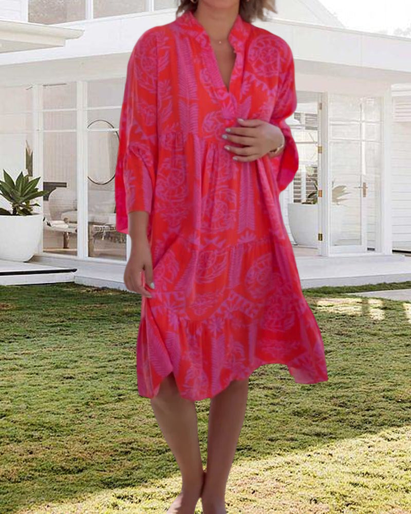 Lieve | Geometrisch Gedrukt Jurk – Vrouwelijk, Casual, Met Flared Mouwen
