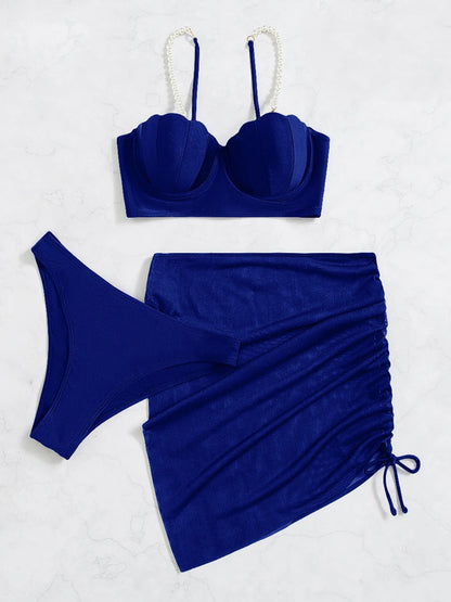Norah | Dames 3-Delige Bikiniset – Schelpvormige Top – Elegant Strandrokje – Parelbandjes