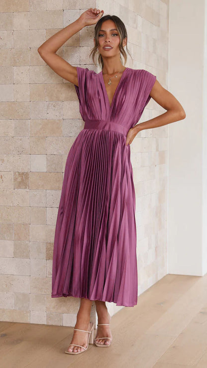 Veda | Dames Midi-jurk met Plissérok – V-hals Jurk voor Elegante en Luchtige Looks
