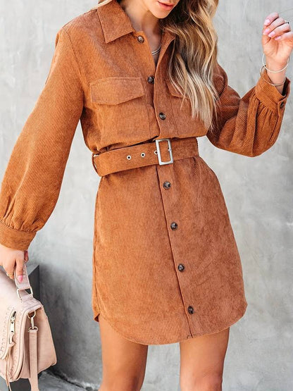 Marleen | Dames Mini-Jurk – Lange Mouwen, Knoopsluiting, Corduroy Stof