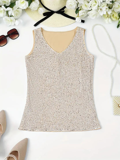 Alyana Top | Dames mouwloze V-hals top met pailletten voor zomer en feestelijke gelegenheden