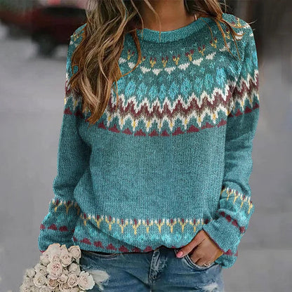 Noorse Gebreide Trui | Dames Trui met Blauw Patroon en Warme Pasvorm