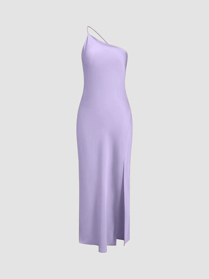 Anne | Zijdezachte One-Shoulder Slip Dress Dames – Midi Jurk met Satijnlook en Splitdetail