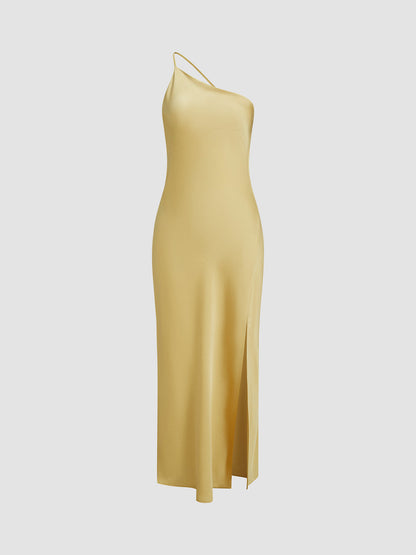 Anne | Zijdezachte One-Shoulder Slip Dress Dames – Midi Jurk met Satijnlook en Splitdetail
