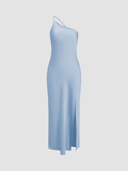 Anne | Zijdezachte One-Shoulder Slip Dress Dames – Midi Jurk met Satijnlook en Splitdetail