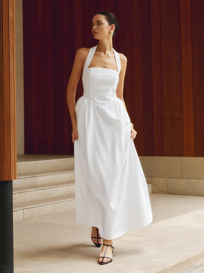 Esther | Dames Maxi Jurk – Halternek – A-lijn Pasvorm – Luchtige Vloeiende Stof – Zomerse Look