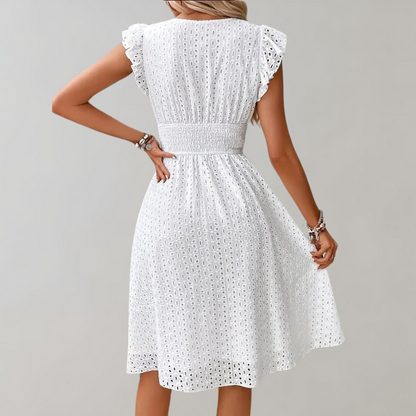 Wivine | Korte Zomerjurk Dames – Witte Jurk met Tailleaccent en Fluttermouwen voor een Frisse, Elegante Look